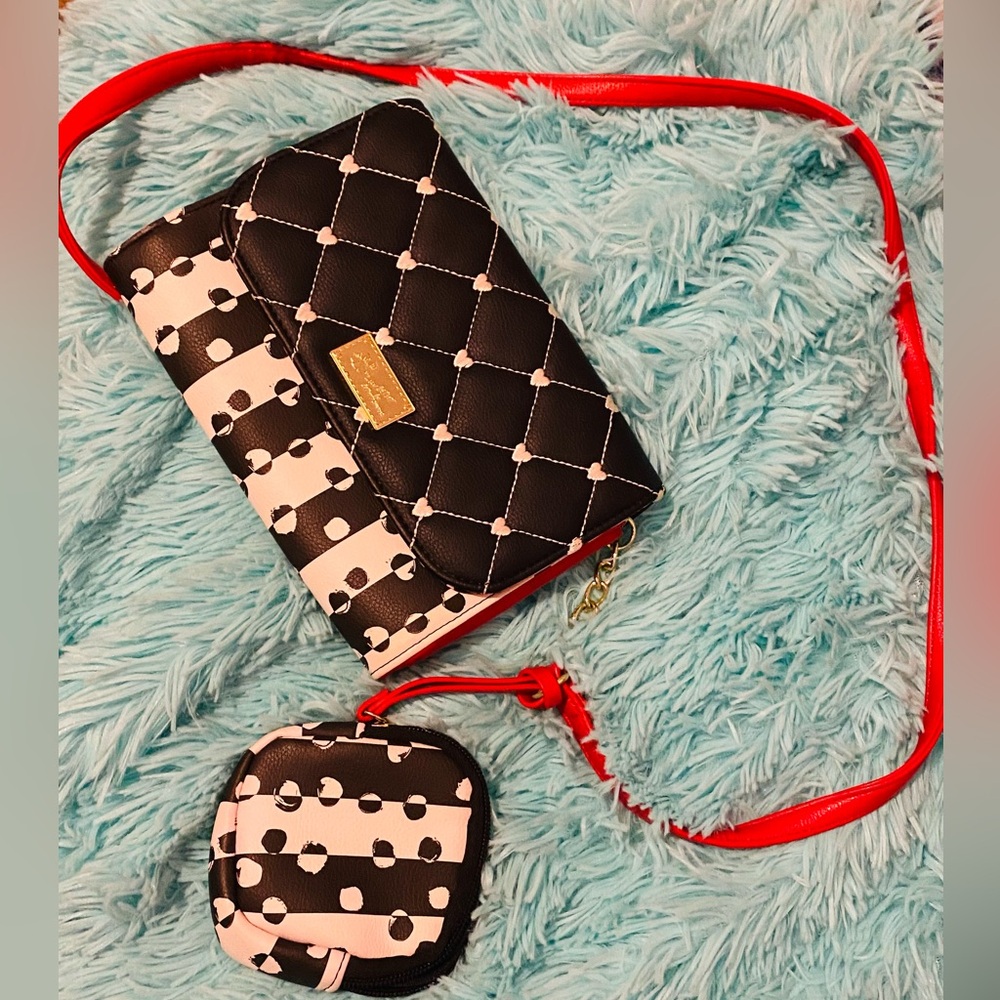 Betsy Johnson Black and White Quilted Crossbody Bag with Attached Coin Purse